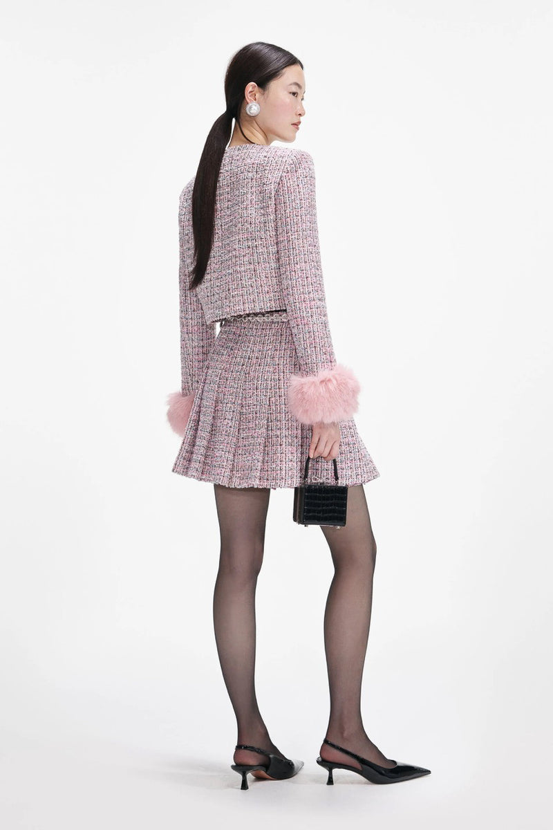 Pink Boucle Crystal Belt Mini Skirt