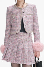 Pink Boucle Crystal Belt Mini Skirt