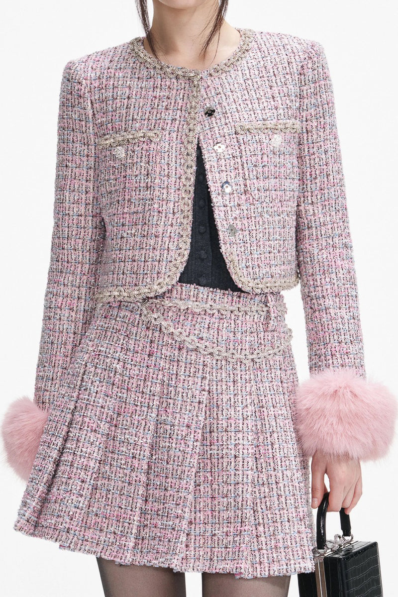 Pink Boucle Crystal Belt Mini Skirt