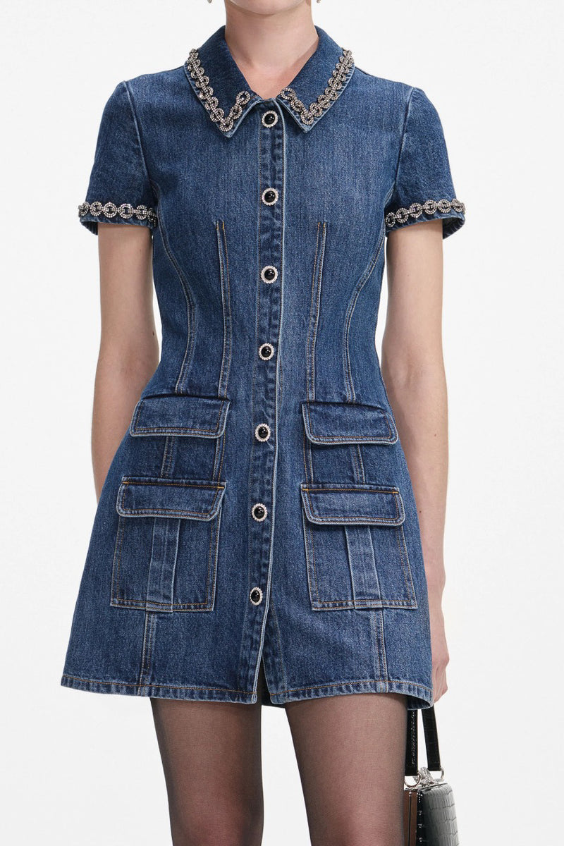 Crystal Trim Collared Mini Dress