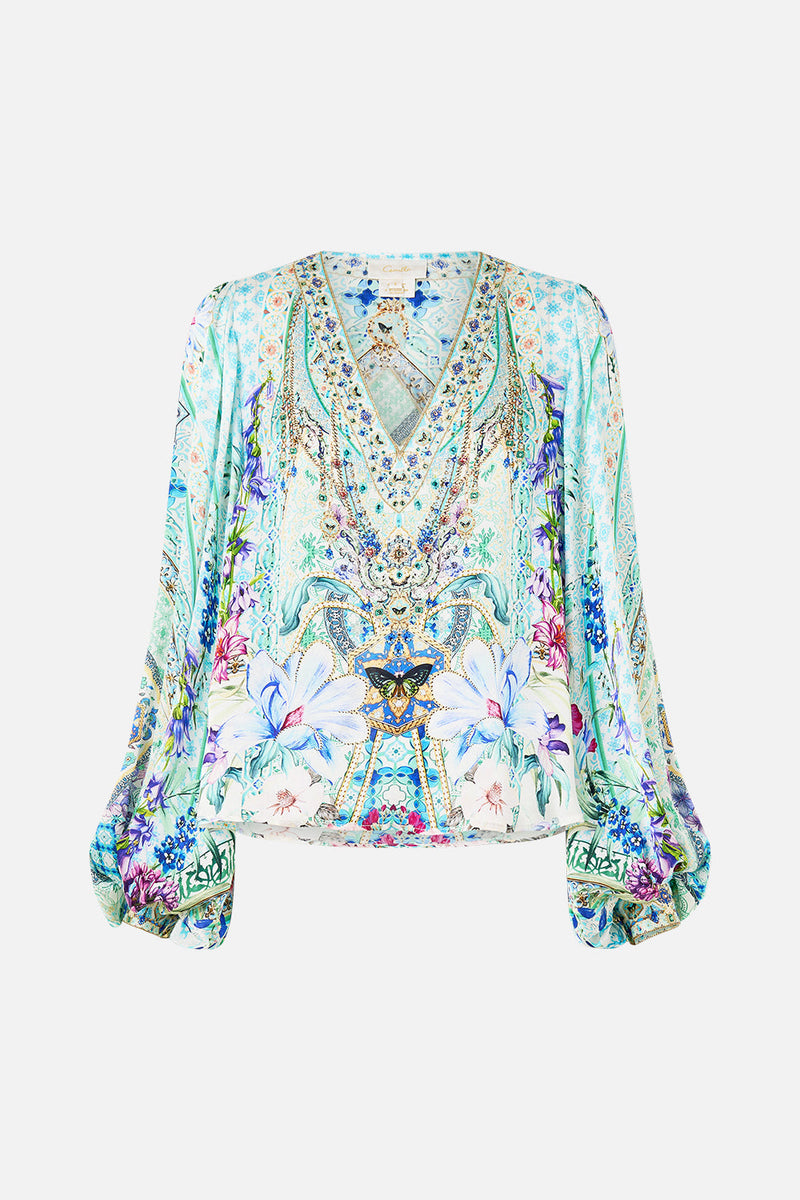 V-Neck Blouson Sleeve Blouse