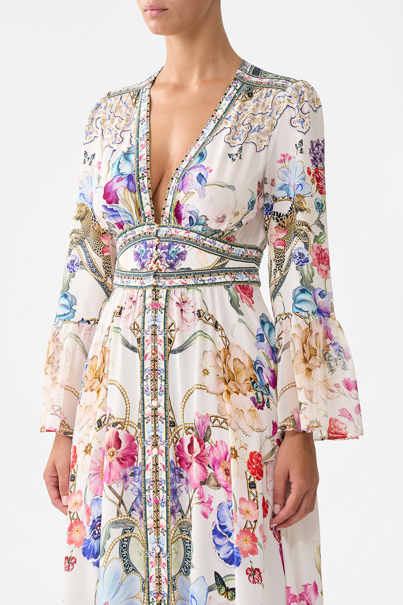 Shaped Waistband Dress With Ruffle Sleeve