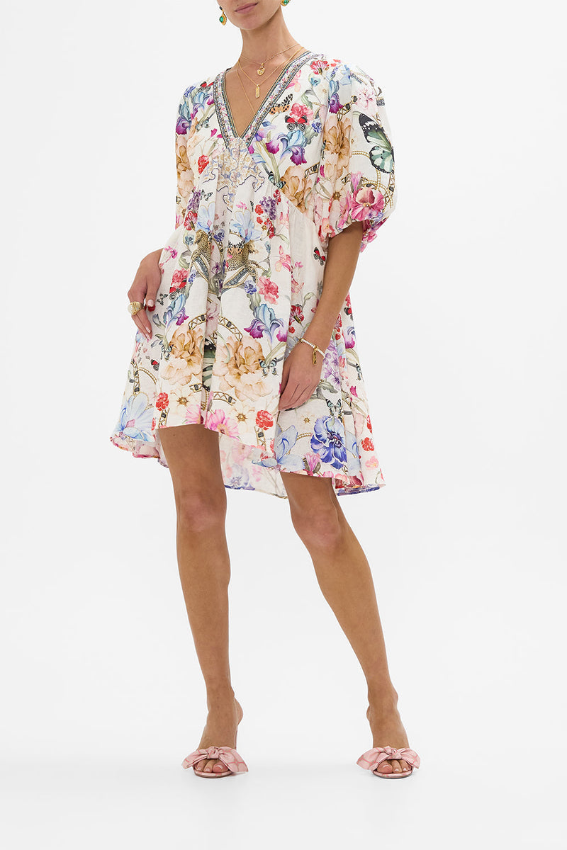 V Neck Puff Sleeve Short Dress