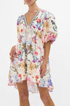 V Neck Puff Sleeve Short Dress