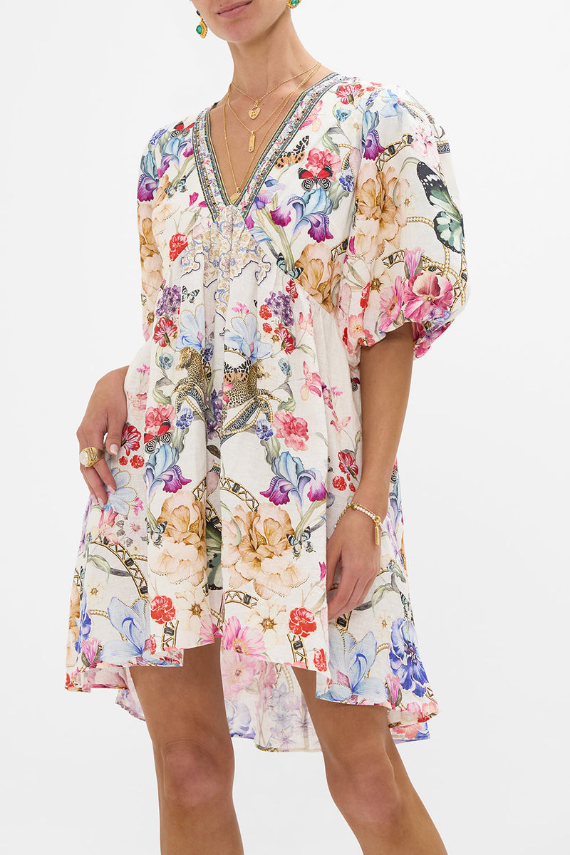 V Neck Puff Sleeve Short Dress