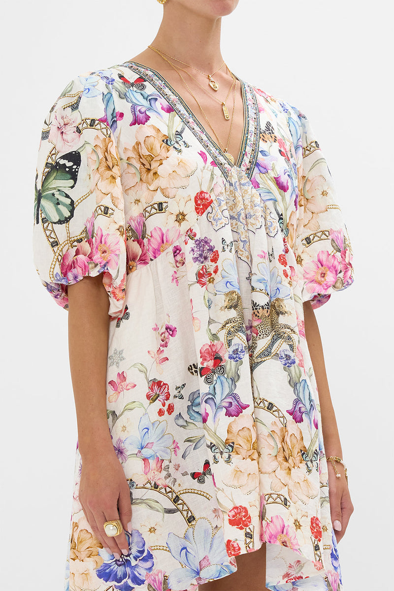 V Neck Puff Sleeve Short Dress