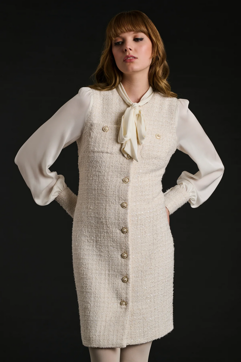 Tweed and silk pussy bow dress