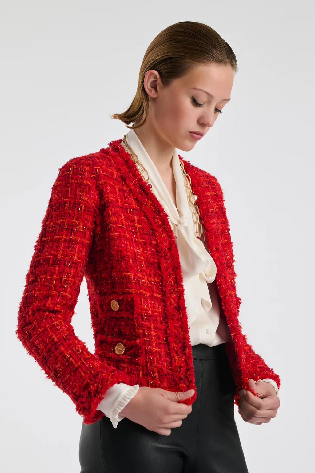 V-neck fringed tweed jacket