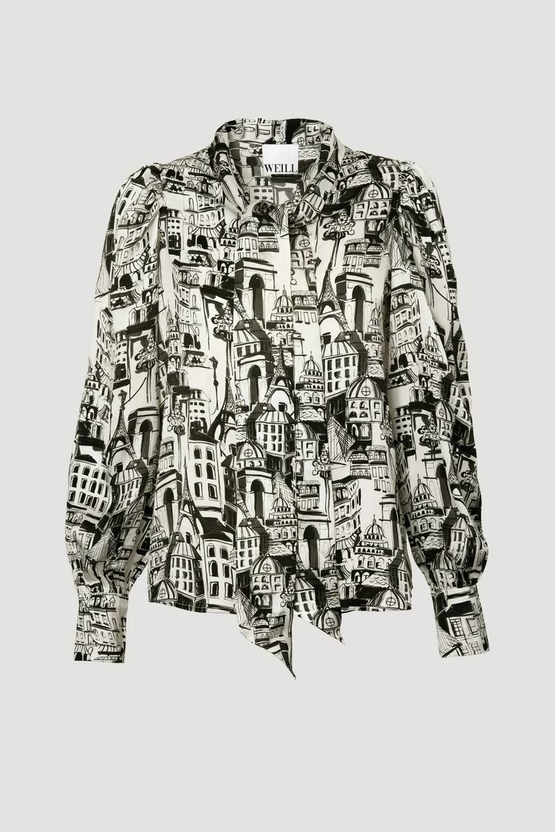 Paris print silk blouse