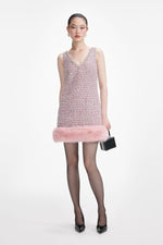 Pink Boucle Fur Hem Mini Dress
