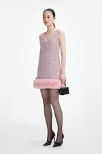 Pink Boucle Fur Hem Mini Dress