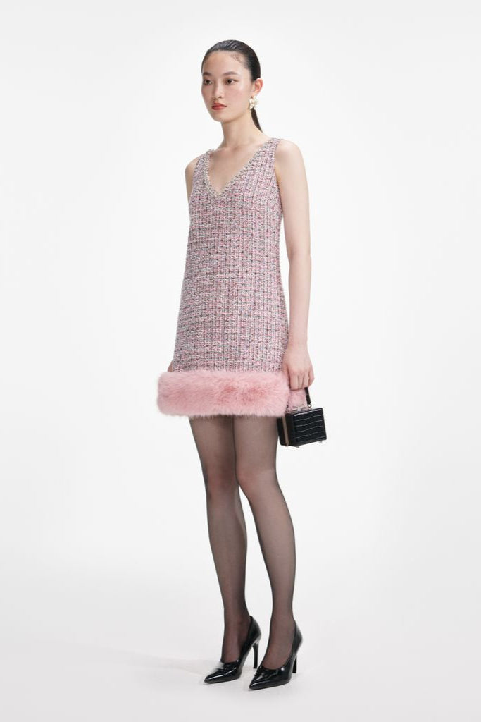 Pink Boucle Fur Hem Mini Dress