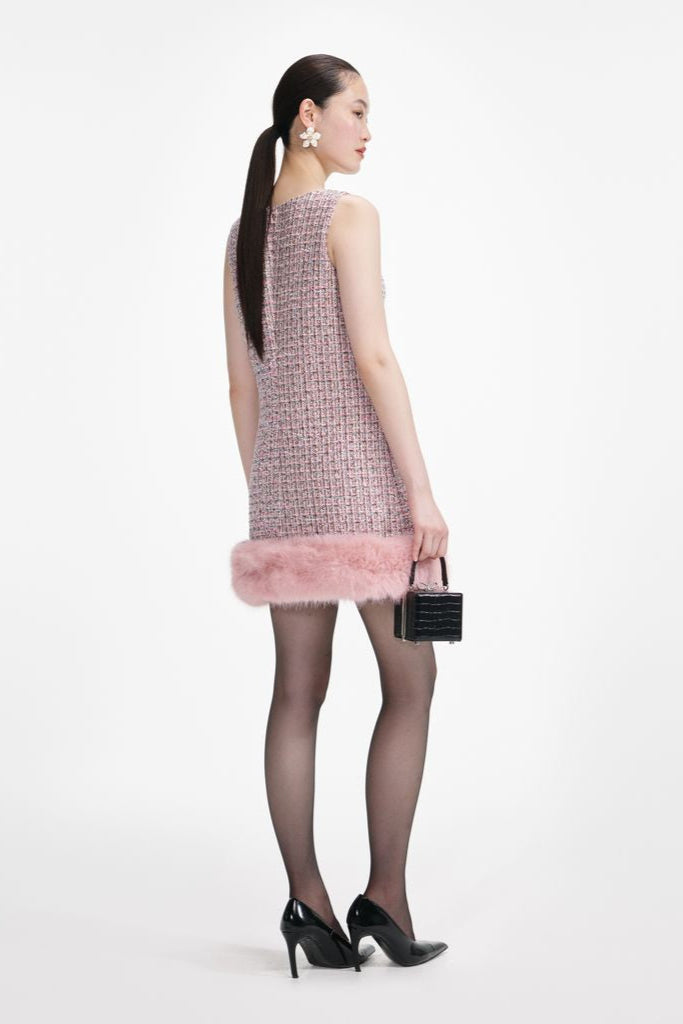 Pink Boucle Fur Hem Mini Dress
