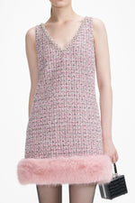 Pink Boucle Fur Hem Mini Dress