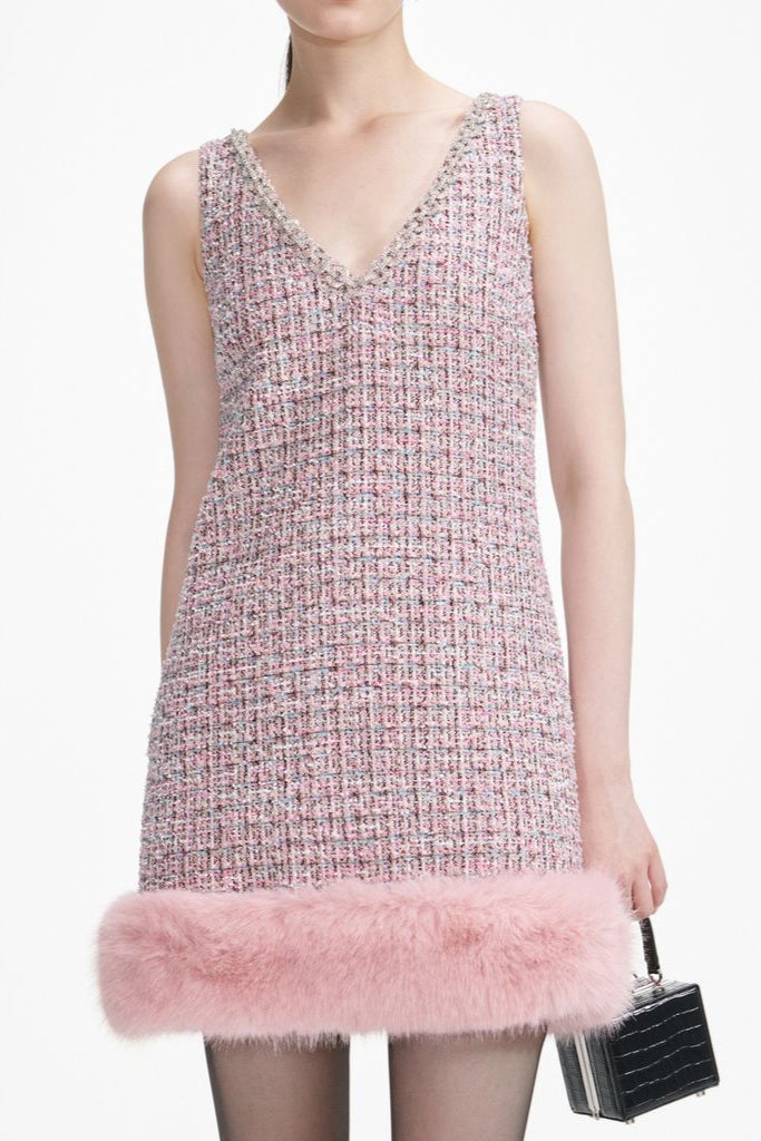 Pink Boucle Fur Hem Mini Dress