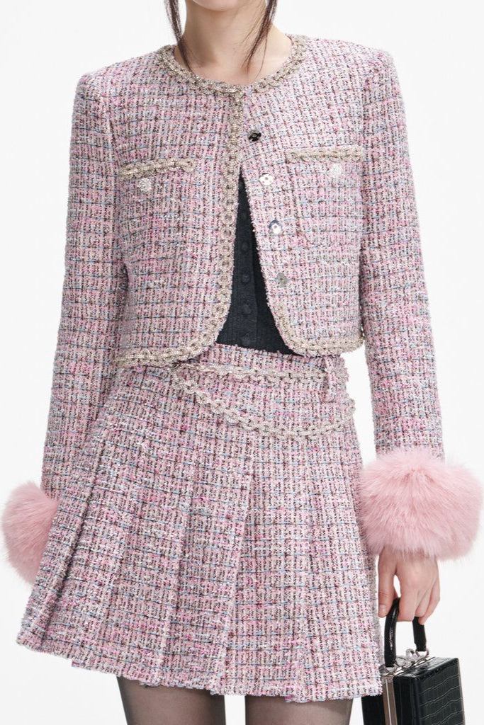 Pink Boucle Fur Cuff Jacket