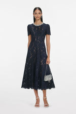 Navy Lace Embellished Midi Dress