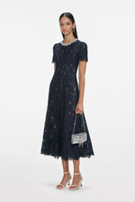 Navy Lace Embellished Midi Dress
