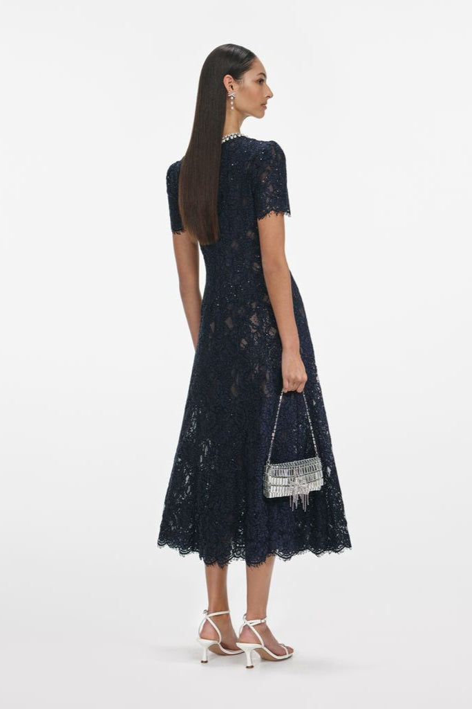 Navy Lace Embellished Midi Dress