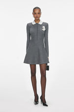 Grey Crochet Flower Collared Knit Mini Dress