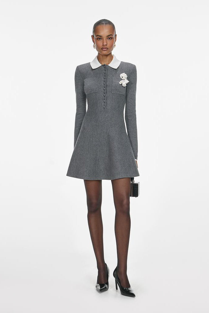 Grey Crochet Flower Collared Knit Mini Dress