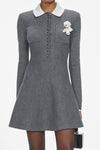 Grey Crochet Flower Collared Knit Mini Dress