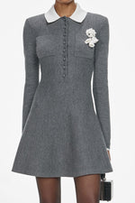 Grey Crochet Flower Collared Knit Mini Dress