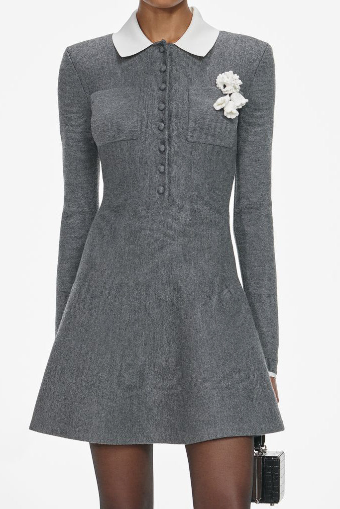 Grey Crochet Flower Collared Knit Mini Dress