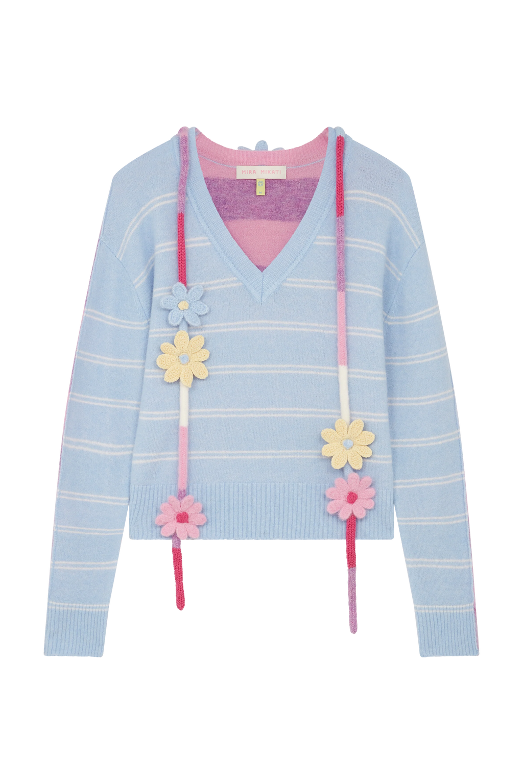 Stripe V-Neck Knit with Crochet Trim