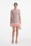 Pink Boucle Fur Hem Mini Dress