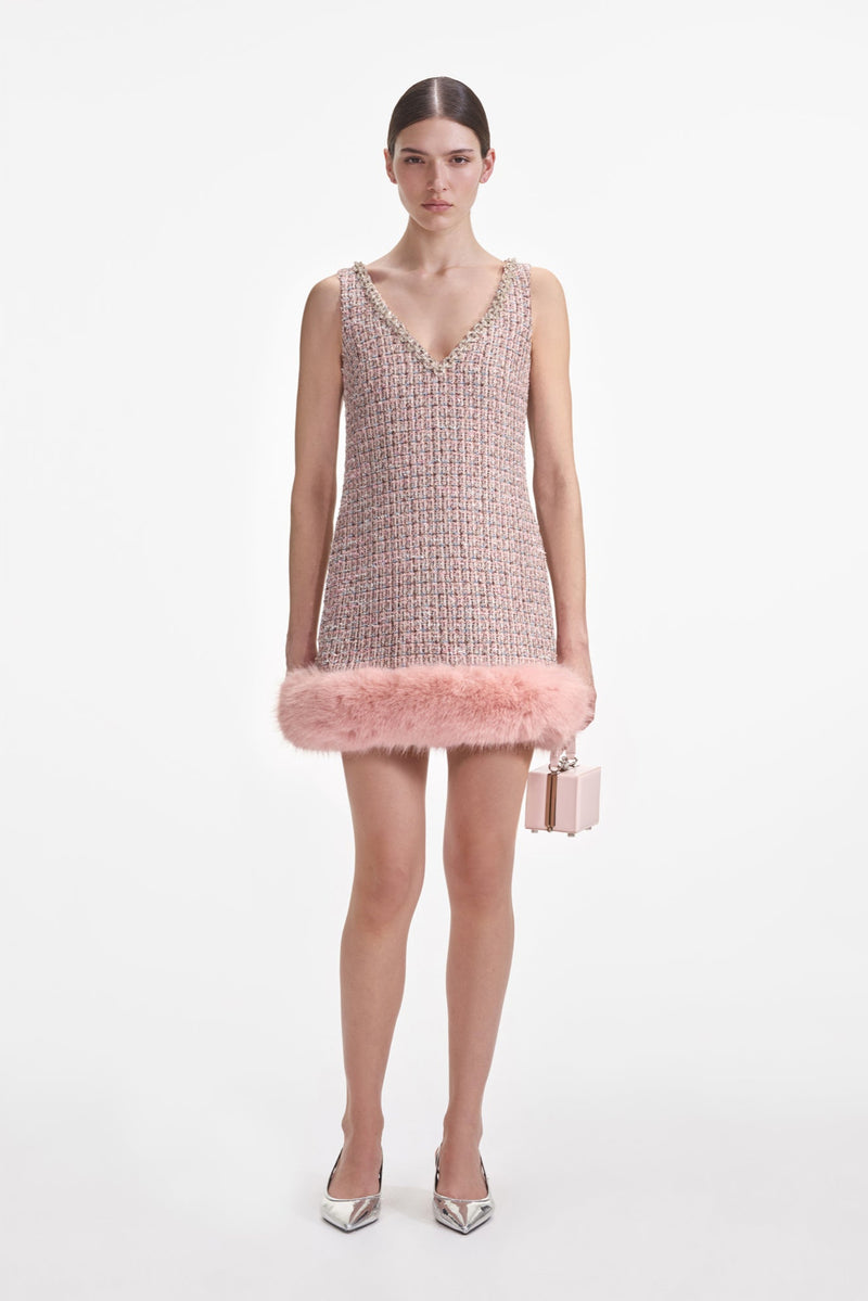 Pink Boucle Fur Hem Mini Dress