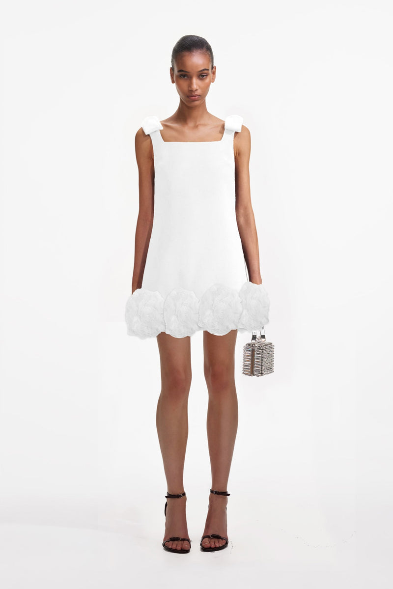 White Crepe 3D Flower Mini Dress