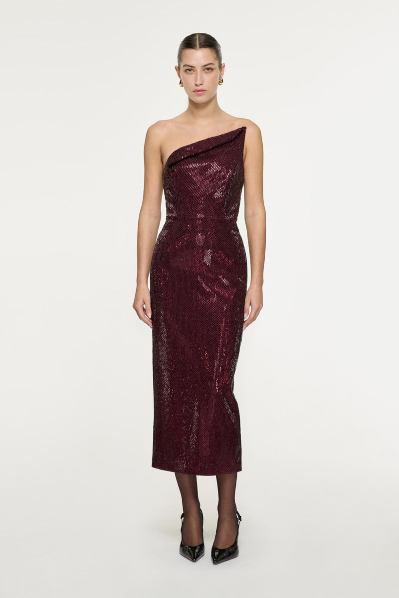 Asymmetrical Fold Diamante Midi Dress