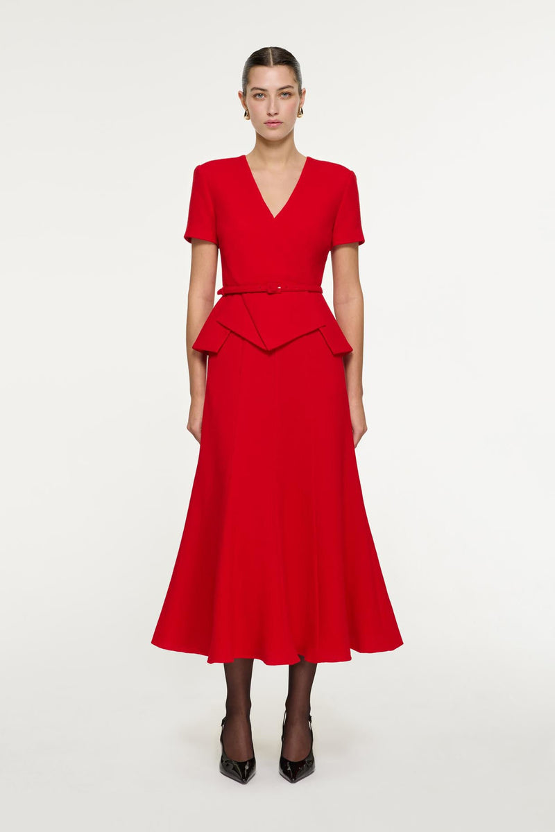 Peplum Wrap Wool Crepe Midi Dress